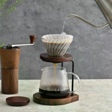 Пуровер Hario V60 02 Walnut стеклянный с деревянной подставкой, 176-66548